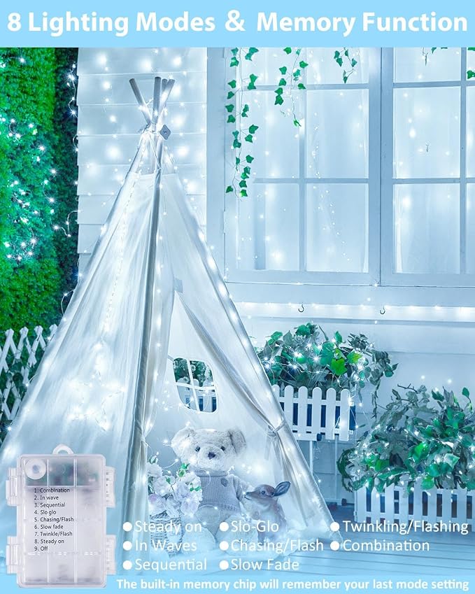 2 Pack 200 LED Fairy Lights Battery Operated with Remote, 66 FT Cool White | Cuttable, 8 Modes, Memory, Dimmable, Waterproof Battery String Lights with Timer for Indoor Outdoor, Christmas Decorations