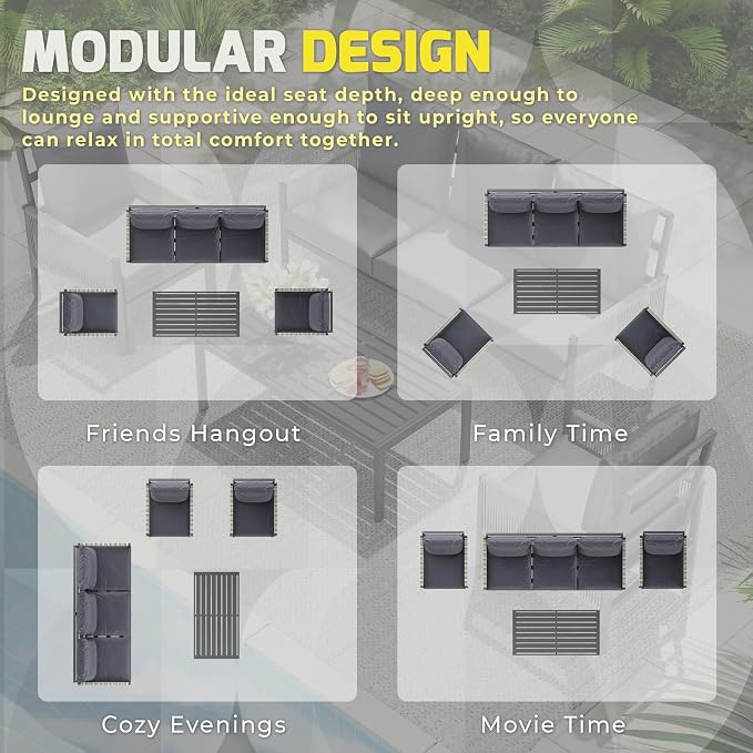 AECOJOY Aluminum Patio Furniture Set 5 Seats Outdoor Sectional Sofa Couch with Coffee Central Table Patio Conversation Sets for Porch Deck, Dark Grey