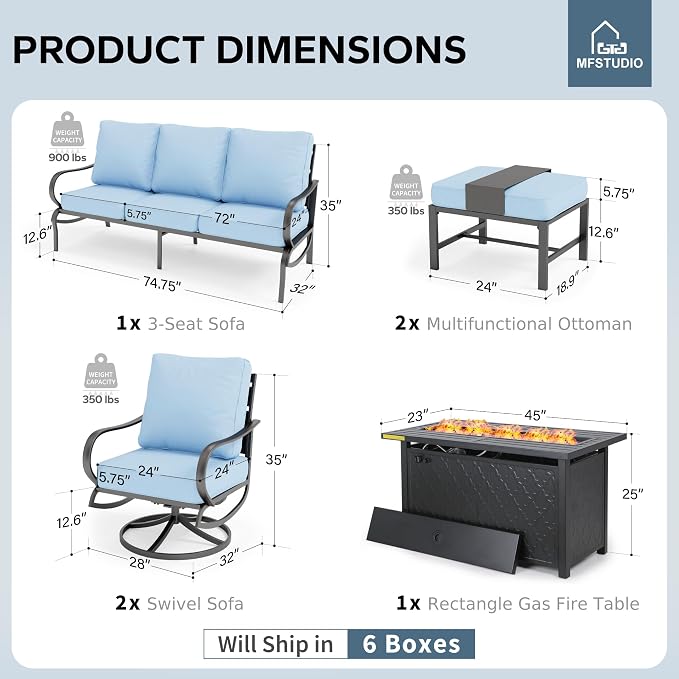 MFSTUDIO 6 Pieces Patio Furniture Sets with 45" Gas Fire Pit Table(Up to 7 Seat),Outdoor Metal Conversation Sofas with 1 x 3-Seat Sofa, 2 Swivel Chairs and 2 Ottoman,Blue Cushion