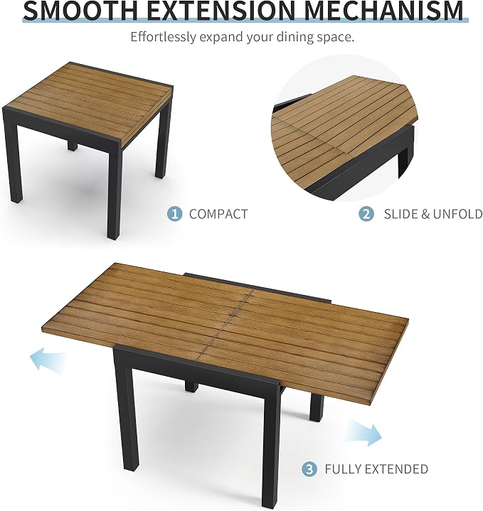 Expandable Patio Dining Table for 4-6 Person, Aluminum Extendable Outdoor Table, 32"-65" Adjustable Patio Table, Square/Rectangular Outdoor Accent Table for Garden, Backyard, Poolside, Teak