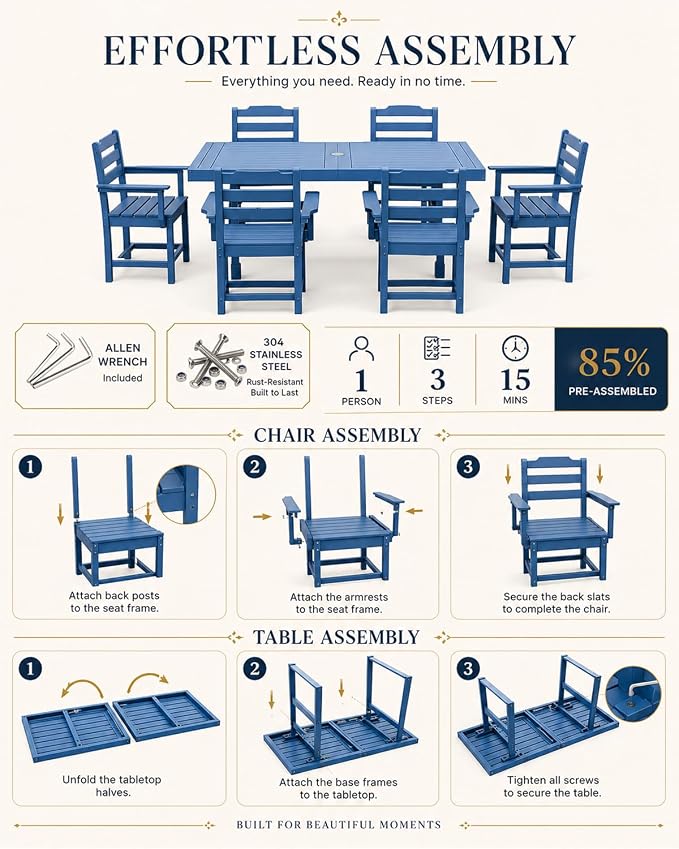 WACASA 7-Piece HDPE Outdoor Dining Set for 6, All-Weather Outside Dining Table and 6 Chairs with Umbrella Hole, Steel-Reinforced Patio Furniture, Blue