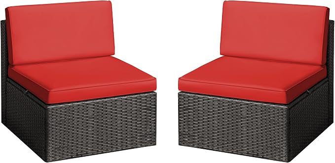 Greesum 2 Piece Patio Conversation Set Wicker Rattan Furniture Outdoor Sofa with Cushions,Pillows for Porch,Lawn and Yard, Red