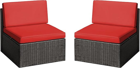 Greesum 2 Piece Patio Conversation Set Wicker Rattan Furniture Outdoor Sofa with Cushions,Pillows for Porch,Lawn and Yard, Red