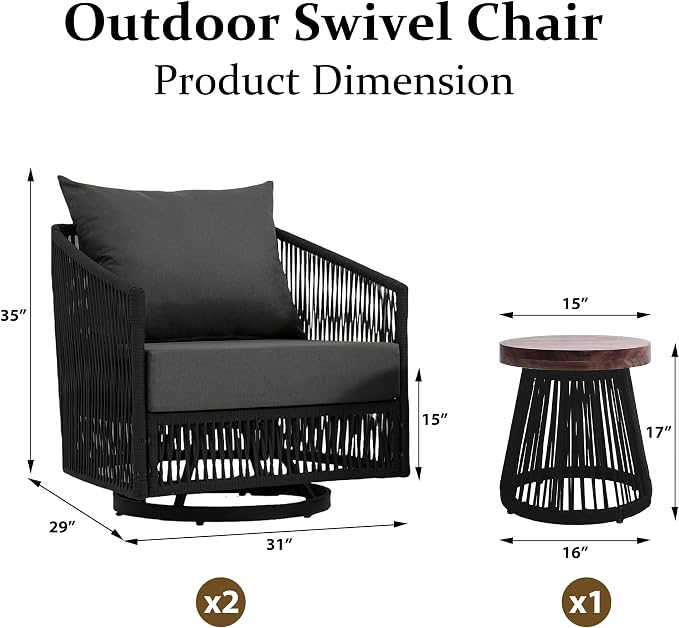 Outdoor Patio Furniture Set, 3 Pieces Outdoor Swivel Chairs with Coffee Table and Thick Cushion, Pe Wicker Rope Furniture Set for Entertaining, Balcony, Garden, Poolside, Gray