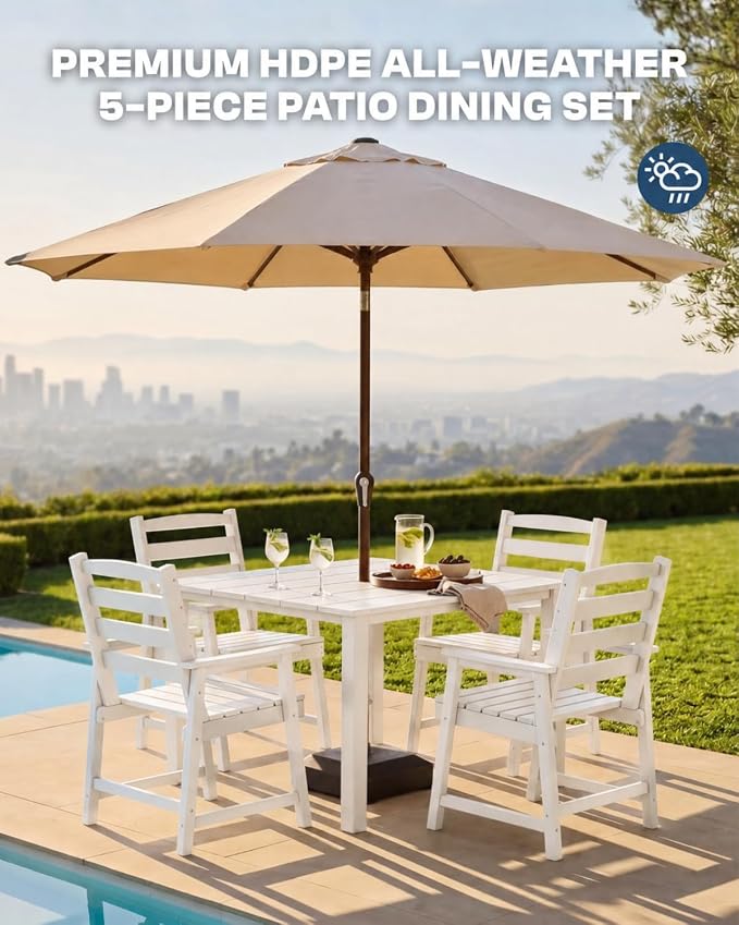 HDPE Outdoor Dining Set for 4, Square Table and Chairs, White | All-Weather HDPE, Wood Grain Finish, 42.5" Square Table, Built-In Umbrella Hole, Seats 4, Patio & Poolside Ready