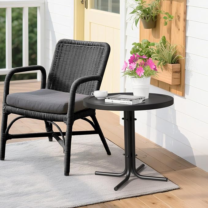 VINGLI Outdoor Side Table, Round Metal Patio Side Table End Table for Garden, Balcony, Porch and Living Room, Black
