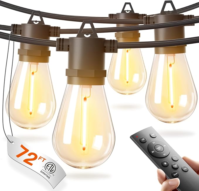 addlon 72FT LED Outdoor String Lights, Waterproof Dimmable Bulbs for Patio | UL Listed, Remote Control. Shatterproof Edison Bulbs, Timer, Linkable, 2700K Warm White. For Backyard, Pergola, 2-Pack*36FT.