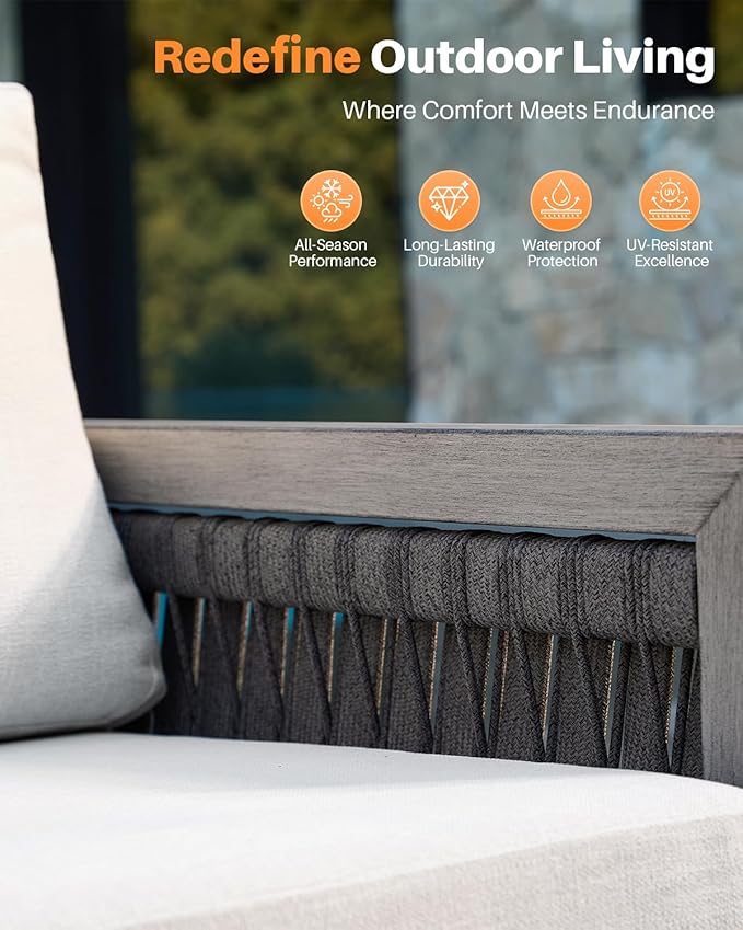 Outdoor Chairs Set of 2, Aluminum Patio Chairs Set with Thick Washable Cushions, 2 Pieces Rope Weave Patio Chair Outdoor Furniture, Outdoor Furniture Set for Garden, Porch, Balcony, Gray Oak