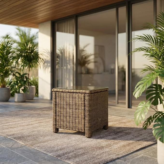 Bradenton Weathered Brown Wicker Rectangular Side Table, Durable Plastic Rattan, Weather-Resistant Material, Patio, Garden, Outdoor Living