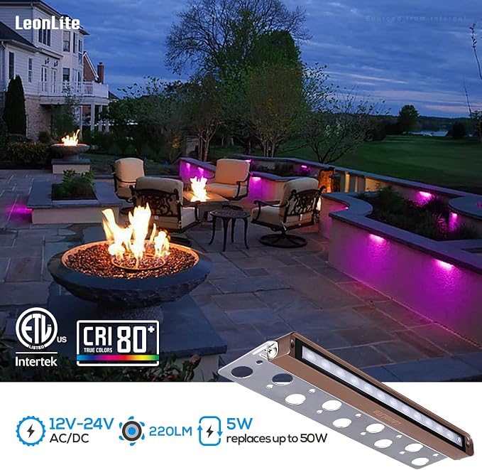 LEONLITE 8-Pack RGBCW 12 Inch LED Hardscape Lighting, Color Changing | LED Landscape Lighting, 12-24V AC/DC Paver Light Low Voltage Retaining Wall Lights, 5W Outdoor Step Lights, ETL