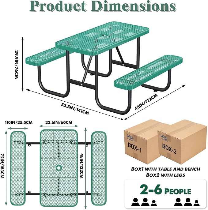 Heavy Duty Picnic Table with Umbrella Hole, Expanded Meta Outdoor Metal Patio Dining Table & Outdoor Bench Set, Steel Mesh Dining Furniture for Garden, Lawn, Patio (4FT Rectangular Table/ Green)