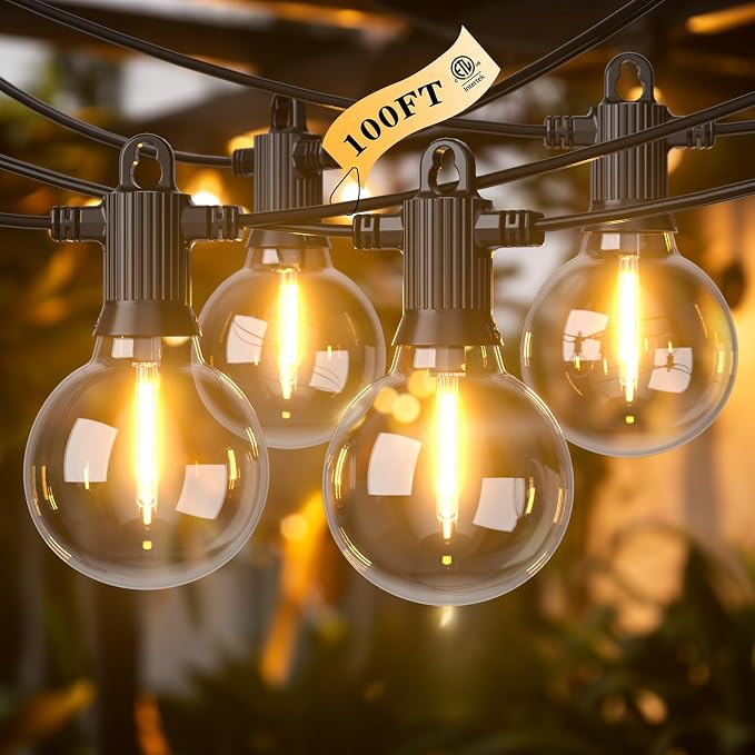 Kawaya G40 Outdoor String Lights 100FT IP65 Waterproof 2700K Patio Light | IP65 50+2 Shatterproof Edison Globe Blubs, 2700K Warm White for Garden Porch Fence Camping Party Backyard Deck Bistro Balcony