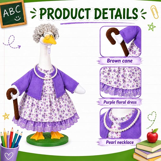 JcHrmers Old Lady Goose Outfits Porch Goose Clothes Fits 23" Cement Plastic Goose Statue Grandma Goose Outfit with Wig Glasses Pearl Necklace for School Outdoor Garden Lawn Yard Patio Art Decor