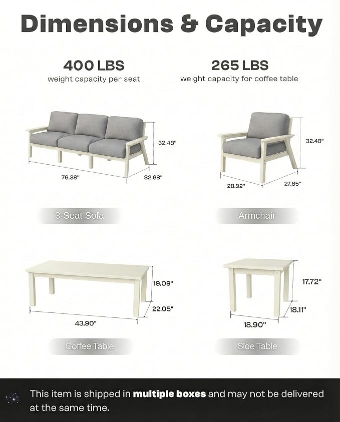 HDPE 5 Piece Patio Furniture Set, Outdoor Sectional Furniture with Grey Washable Thick Cushions & Coffee Table, Patio Conversation Sets for Garden, Porch, Balcony, Deck (White Frame)