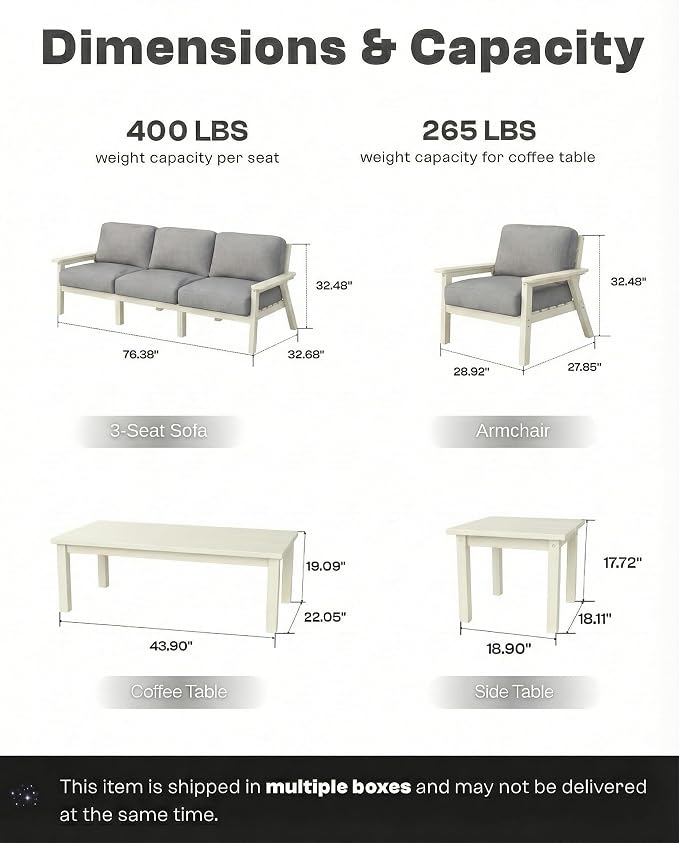 Patio Furniture Set with Washable Thick Gray Cushions, HDPE Outdoor Couch, All-Weather Outdoor Sectional Furniture, Patio Conversation Sets for Lawn, Garden, Porch (White Frame)