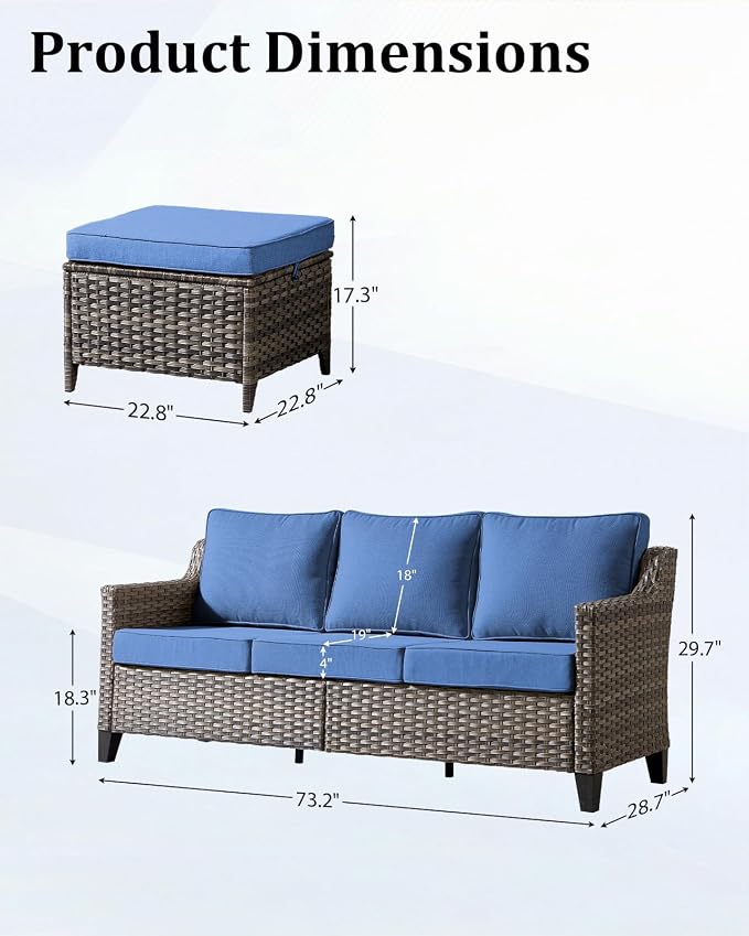 Outdoor Furniture Set of 3, Patio Furniture Sofa and Ottomans, High Back&Deep Seat for Garden Deck Porch Balcony Backyard - Blue
