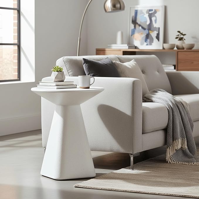 LeisureMod Elsie 18" Wide Circular Fiberstone Side Table for Indoor/Outdoor Use, Powder-Coated Finish, No Assembly Required for Living Rooms, Patios, or Bedrooms (White)
