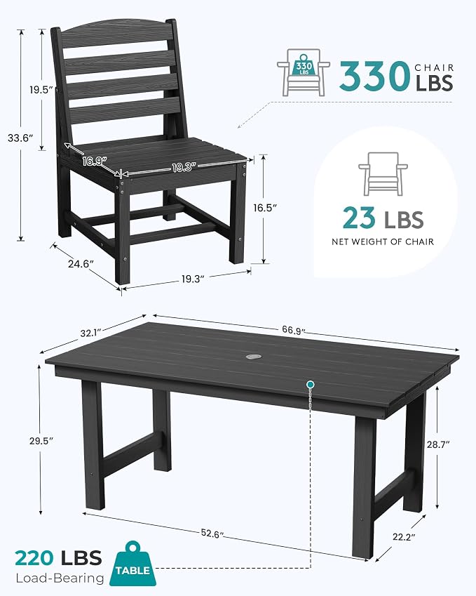 SERWALL 7-Pc HDPE Patio Dining Set, 1 Table & 6 Armless Chairs, Black | HDPE Outdoor Dining Set with Rectangular Table & 6 Armless Chairs, All-Weather Resistant SERWALL Dining Set for 6