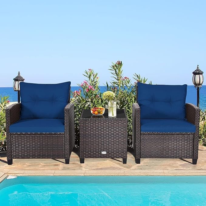 HOMGX 3 Pieces PE Rattan Wicker Patio Sofa Chairs, Outdoor Furniture Conversation Sets with Washable Cushion & Glass Table, Rattan Sofa Set for Balcony, Porch, Yard, Backyard, Lawn, (Navy Blue)