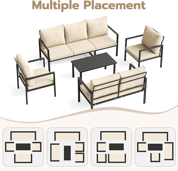 5 Pieces Metal Patio Furniture Set Deck Outdoor Furniture 7-Seat Patio Conversation Sets All-Weather Rust-Proof Sectional Sofa Set with Removable Cushion for Deck, Balcony, Yard, Poolside