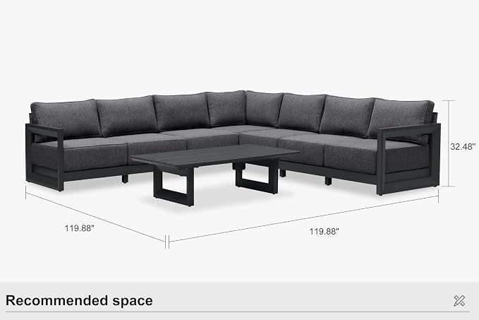 PURPLE LEAF Patio Furniture Set L-Shaped Outdoor Couch with 9.6" Thick Cushion and Soft Pillows 8 Piece Outdoor Sectional Sofas with Table Modern Outdoor Conversation Sets for Yard Porch Deck, Grey