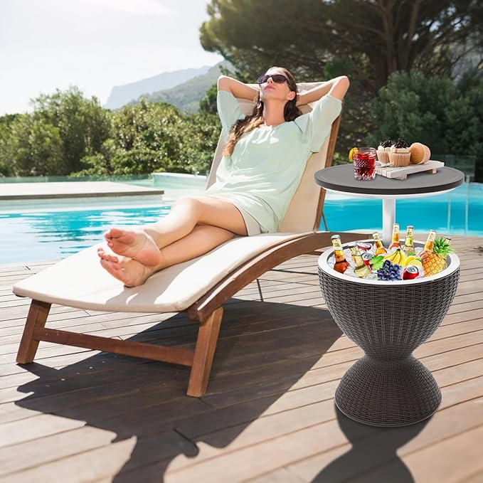 Patio Cool Bar Table, Height-Adjustable Outdoor Bar Tables 8 Gallon Beer and Wine Cooler, 3-in-1 Rattan Style Ice Cooler with Drainage Plug for Pool Party (Grey)