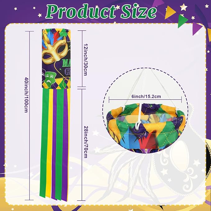 NOVWANG 2 Pieces Mardi Gras Wind Sock, 40 Inch Wind Socks Mardi Gras Outdoor Decorations Purple Green Yellow Holiday Windsock Flags for Yard Garden Home Party Hanging Decor