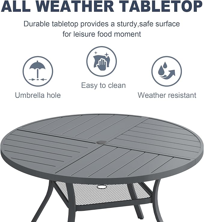 VICLLAX 47.2" Round Patio Dining Table for 4-6, All Weather Metal Outdoor Table with 1.57" Umbrella Hole and Storage Shelf for Garden Lawn Deck, Dark Grey