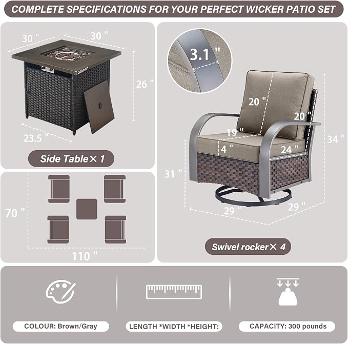 Belord 5 Pieces Patio Furniture Set with Fire Pit Table - 4 Outdoor Swivel Rocker Chairs with 50000 BTU Propane Fire Pit Table, Patio Conversation Sets for Outside Backyard Patio Casual Gathering