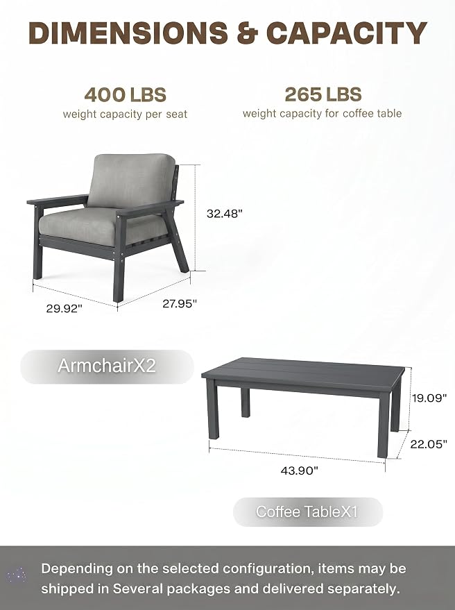 AreShark 3-Piece HDPE Patio Conversation Set, All Weather Outdoor Couch Set with Thick Cushions, Outdoor Sectional Outdoor Sofa Set for Lawn, Deck, Backyard, Grey & Grey