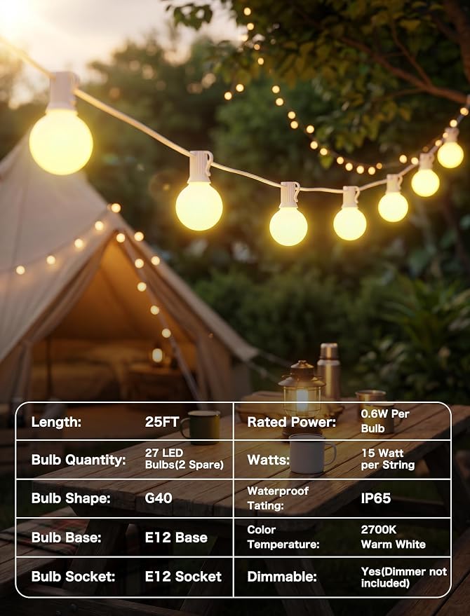 SUNSGNE 25FT G40 LED Outdoor White String Lights with 27 White Solid Shatterproof Globe Bulbs (2 Spare), Outdoor Hanging Edison Lights for Room Café Bistro Pergola Tents, White Wire