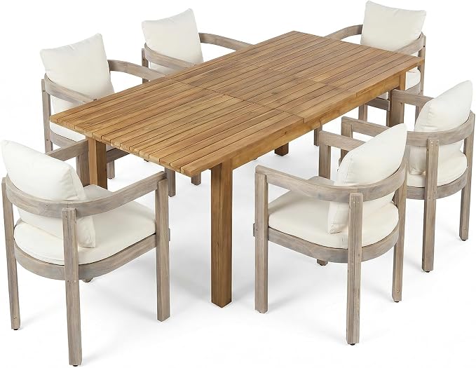 7-Piece Patio Dining Set for 6, Acacia Wood Dinning Set with 67.75''- 87.25" Expandable Table, 6 Chairs and Cushions, All-Weather Outdoor Conversation Set for Garden Backyard (Teak+Grey Chairs)