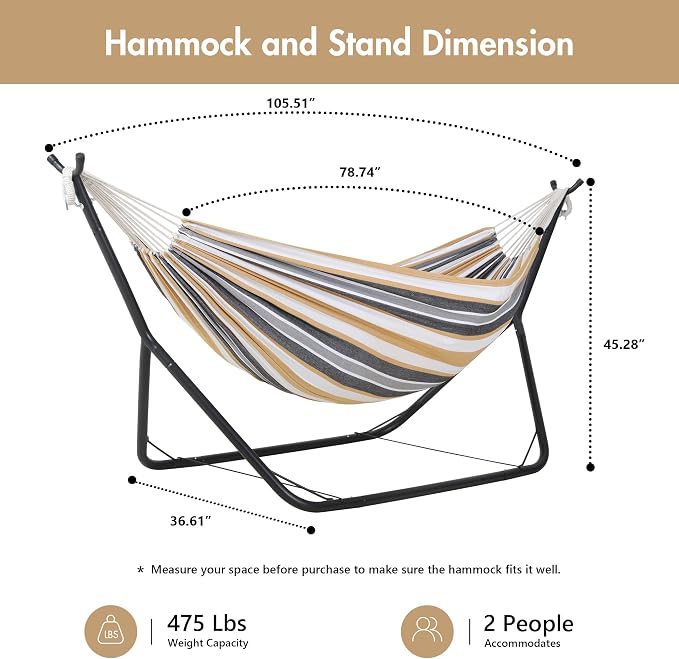 ANOW Space Saving Hammock with Stand Included, Heavy-Duty Hammock Stand with Adjustable Height for Indoor Outdoor, 475 Lbs Capacity, Coffee Stripes