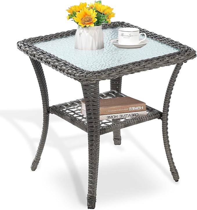 MEETWARM Wicker Outdoor Side Table, All-Weather Patio Rattan Side Table with Tempered Glass Top and Storage Shelf, Small Patio End Table for Outside Indoor Outdoor Balcony Porch Deck, Gray