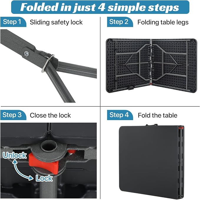 6Ft Folding Table Foldable Table Portable Indoor Outdoor Plastic Heavy Duty Fold Up Table Dining Picnic Table with Lock Function Black, 70.9 x 29.1 x 29.1 inches
