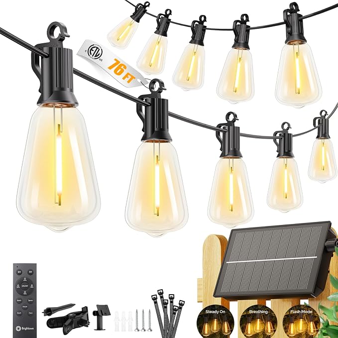 Brightown 76FT Solar String Lights Outdoor Waterproof, 26Hrs Runtime | 23+1 LED Bulbs, USB & Solar Powered, Remote Control & Dimmable Timer, Ideal for Backyard, Garden, Camping & Party Decor
