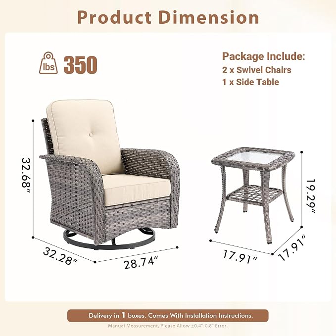 3 Pieces Outdoor Patio Furniture Set, Outdoor Wicker Rocking Patio Chairs Set of 2 with Coffee Table, All Weather Rattan Front Porch Chairs for Backyard, Garden, Poolside, Beige