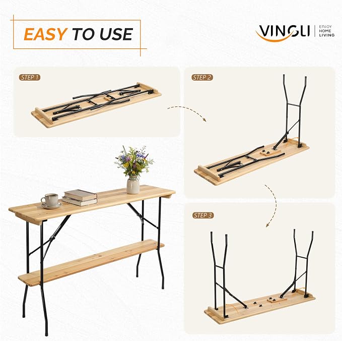 VINGLI 70-Inch 2-Tier Wooden Folding Table, Folding Picnic Table with Sturdy Metal Frame, Lower Tabletop Removable for Easy Use,Perfect for Picnics, BBQs, Parties, Bars, and Camping