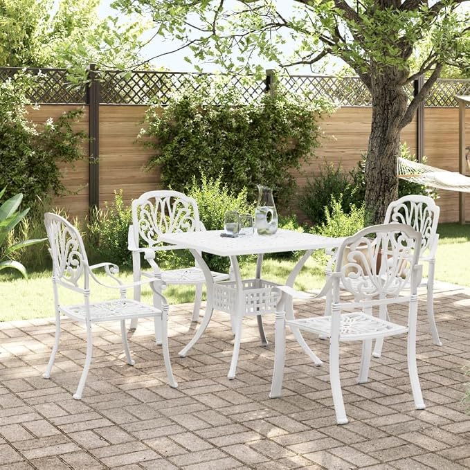 5 Piece Patio Dining Set White Cast Aluminum Outdoor Table and 4 Chairs for Garden Backyard Porch with Umbrella Hole High Backrest 31.5 x 31.5 Inch Weather Resistant Furniture Set