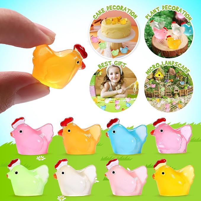 80 Pcs Luminous Mini Chicken, Resin Miniature Animal Figures in 8 Colors - Glow in Dark, Perfect for DIY Projects, Garden, Dollhouse, Aquarium Decor - Glows at Night