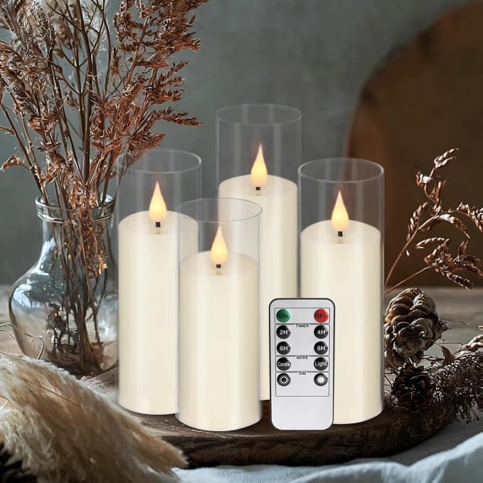 YOROXRG Flickering Flameless Candles Battery Operated with Remote,Led Pillar Candles with Realistic Moving Wick Candles for Halloween,Christmas,Home Decor Pack of 24 (D2.2 xH 5" 6" 7")(Ivory)