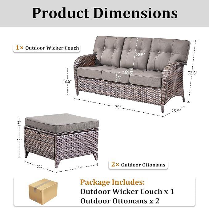 3-Piece Wicker Patio Furniture Set with 5-Inch Thick Cushions Outdoor Hand-Woven Rattan Sofa and Ottomans Set Weather Resistant Conversation Couch for Backyard Porch Garden Brown/Grey