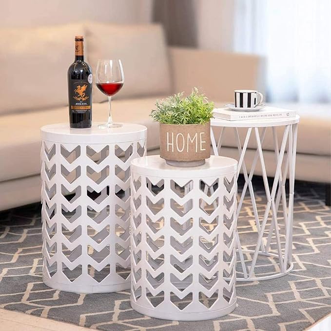 Y&M Outdoor Side Tables Set of 3, Nesting Patio Side End Tables for Outside, Round Heavy Duty Metal Stacking Accent Tables for Patio Balcony Garden Indoor, White