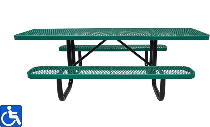 Heavy Duty ADA Outdoor Picnic Table, Expanded Metal, Wheelchair Accessible (Green, 96)