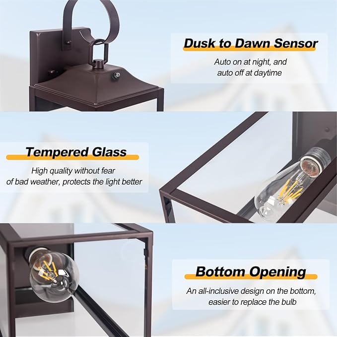 19" Large Dusk to Dawn Outdoor Lighting Bronze 2 Pack | Anti Rust Outdoor Wall Sconce Lantern Lamp, Waterproof Sensor Exterior Light Fixtures, Porch Light for Doorway, Garage, Patio