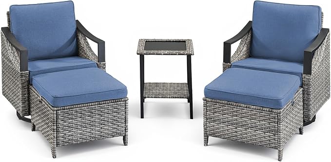 5 Pieces Wicker Outdoor Patio Furniture Set-All-Weather Wicker Patio Swivel Glider Chairs with 2 Ottoman and Glass Side Table, Outdoor Patio Conversation Sets for Porch Balcony Deck Blue/Grey