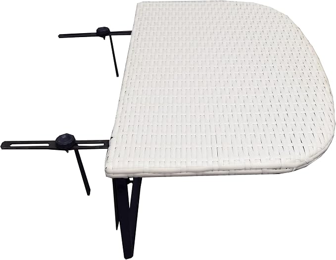 White Indoor and Outdoor Foldable Wicker Balcony Table with Metal Frame and Adjustable Clamps