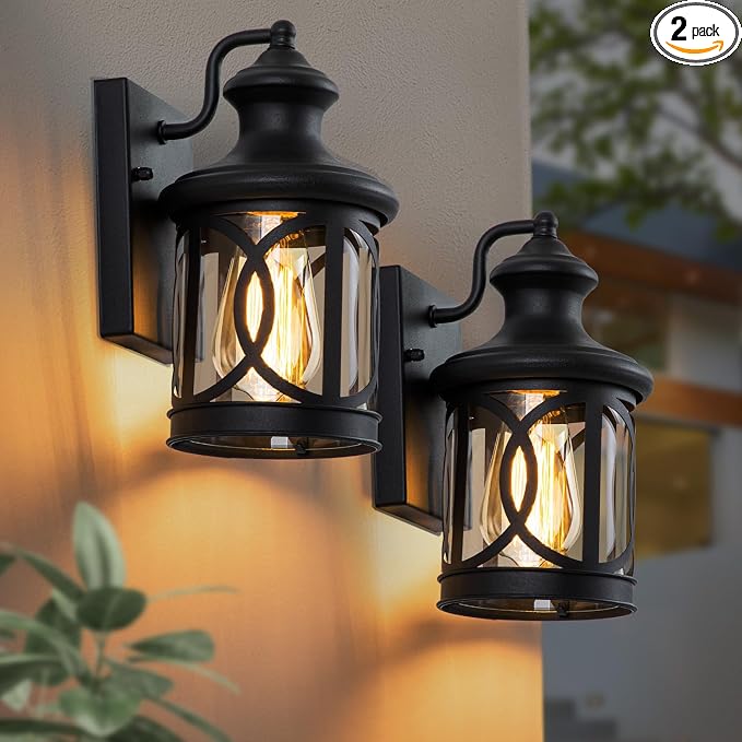 2-Pack Outdoor Wall Lights, Porch Lights, Waterproof Outdoor Wall Sconce, Exterior Light Fixtures Matte Black with Clear Glass Shade for House Garage Patio Front Door Balcony