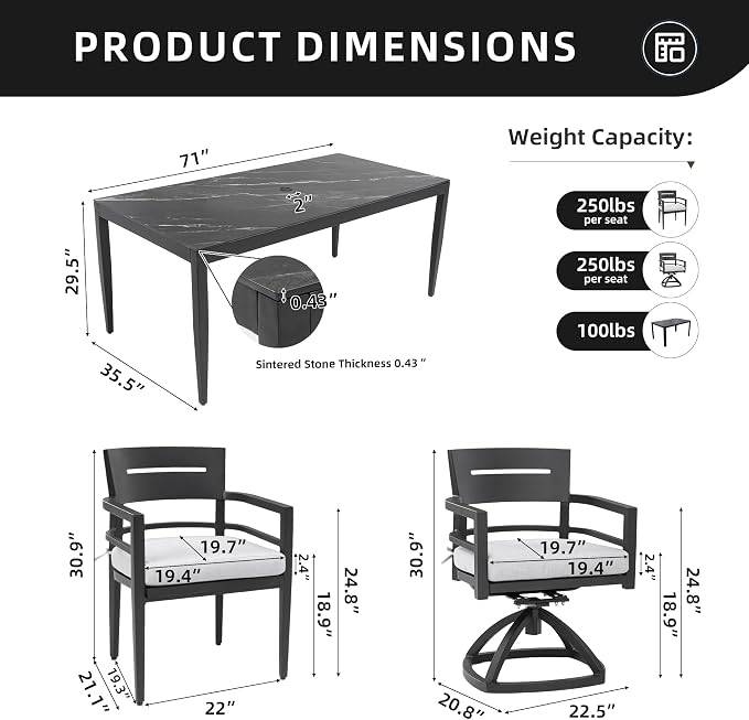 7PC Aluminum Outdoor Patio Dining Set, 71" Rectangular Dining Table with Black Marble Sintered Stone Top, 4 Chairs & 2 Cushioned Swivel Rockers, All-Weather Patio Furniture