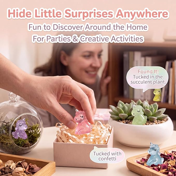 Mini Resin Unicorn Figures to Hide, 72 PCS Tiny Plastic Unicorns Small Little Resin Animal Figurines Miniature Festival Rave Trinkets Bulk Glow in the Dark for Micro Fairy Garden Aquarium Decor